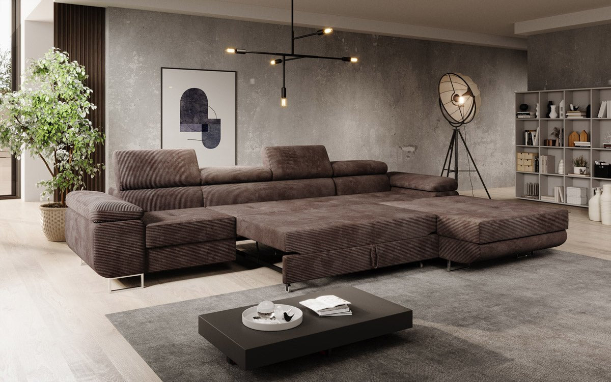 Luxuriöses Designer Sofa Calvera Maxi mit Schlaf- und Klappfunktion, Cord Bezug