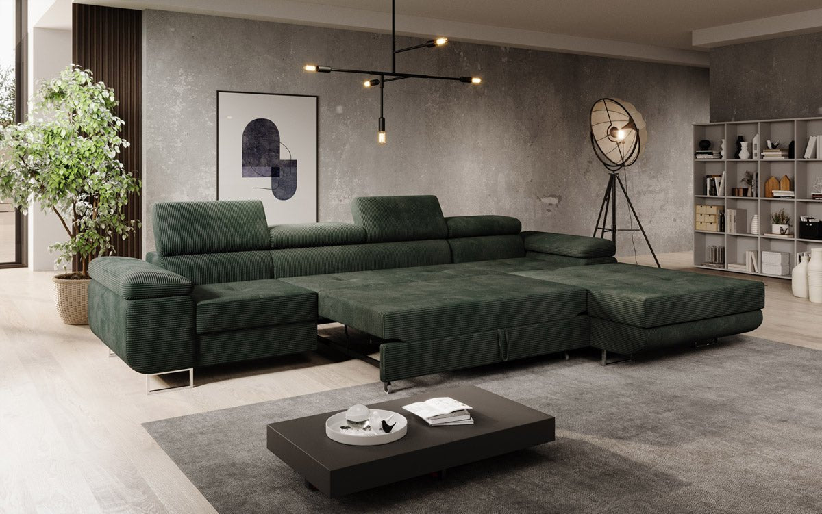 Luxuriöses Designer Sofa Calvera Maxi mit Schlaf- und Klappfunktion, Cord Bezug