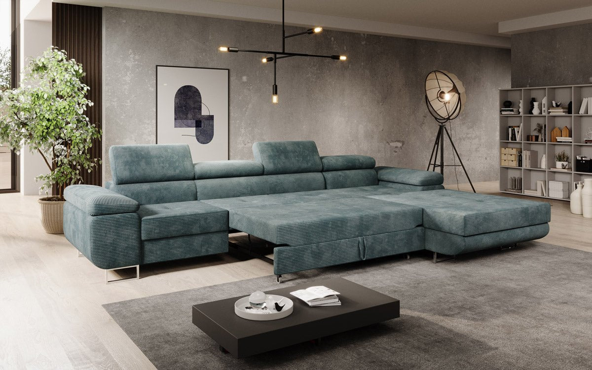 Luxuriöses Designer Sofa Calvera Maxi mit Schlaf- und Klappfunktion, Cord Bezug
