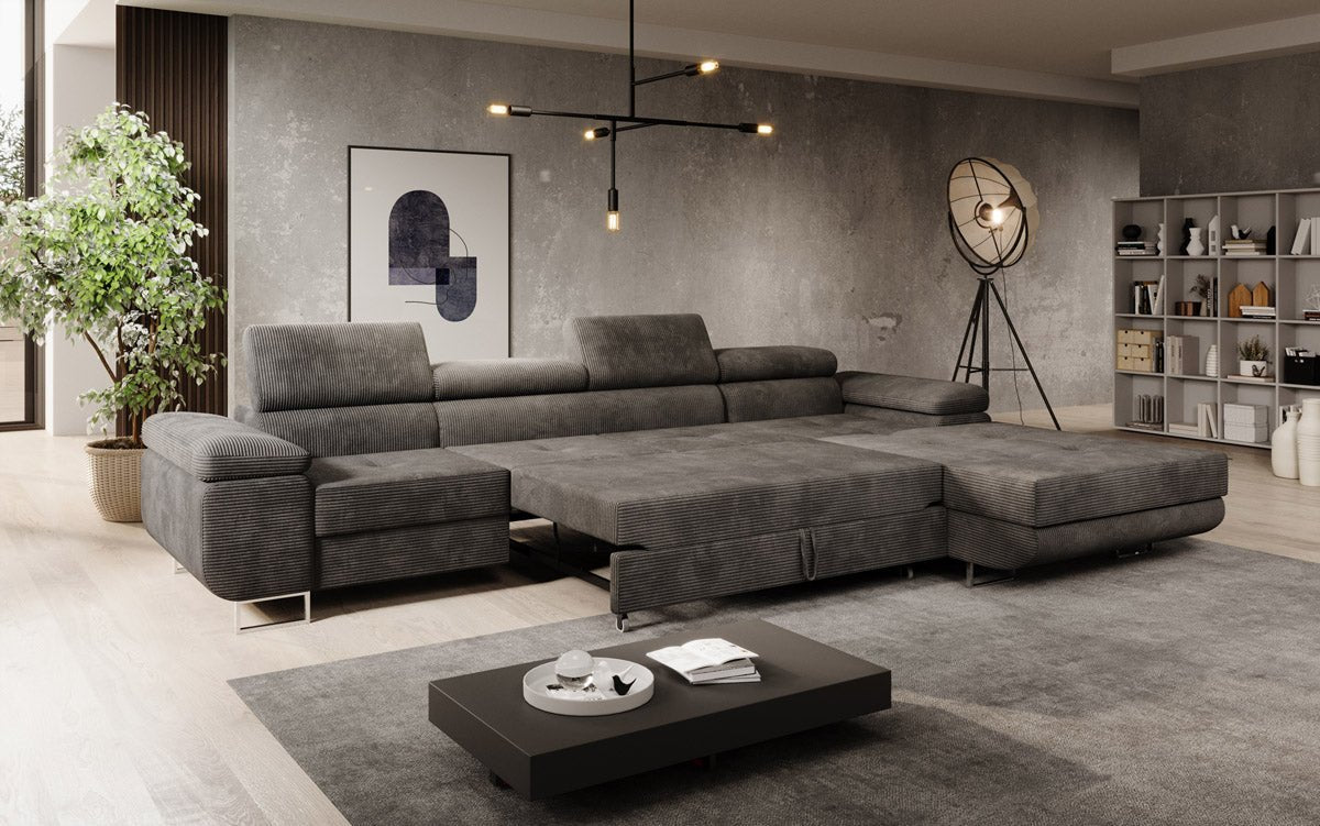 Luxuriöses Designer Sofa Calvera Maxi mit Schlaf- und Klappfunktion, Cord Bezug