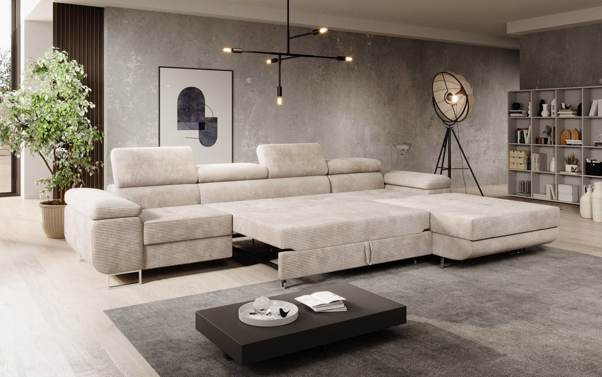 Luxuriöses Designer Sofa Calvera Maxi mit Schlaf- und Klappfunktion, Cord Bezug