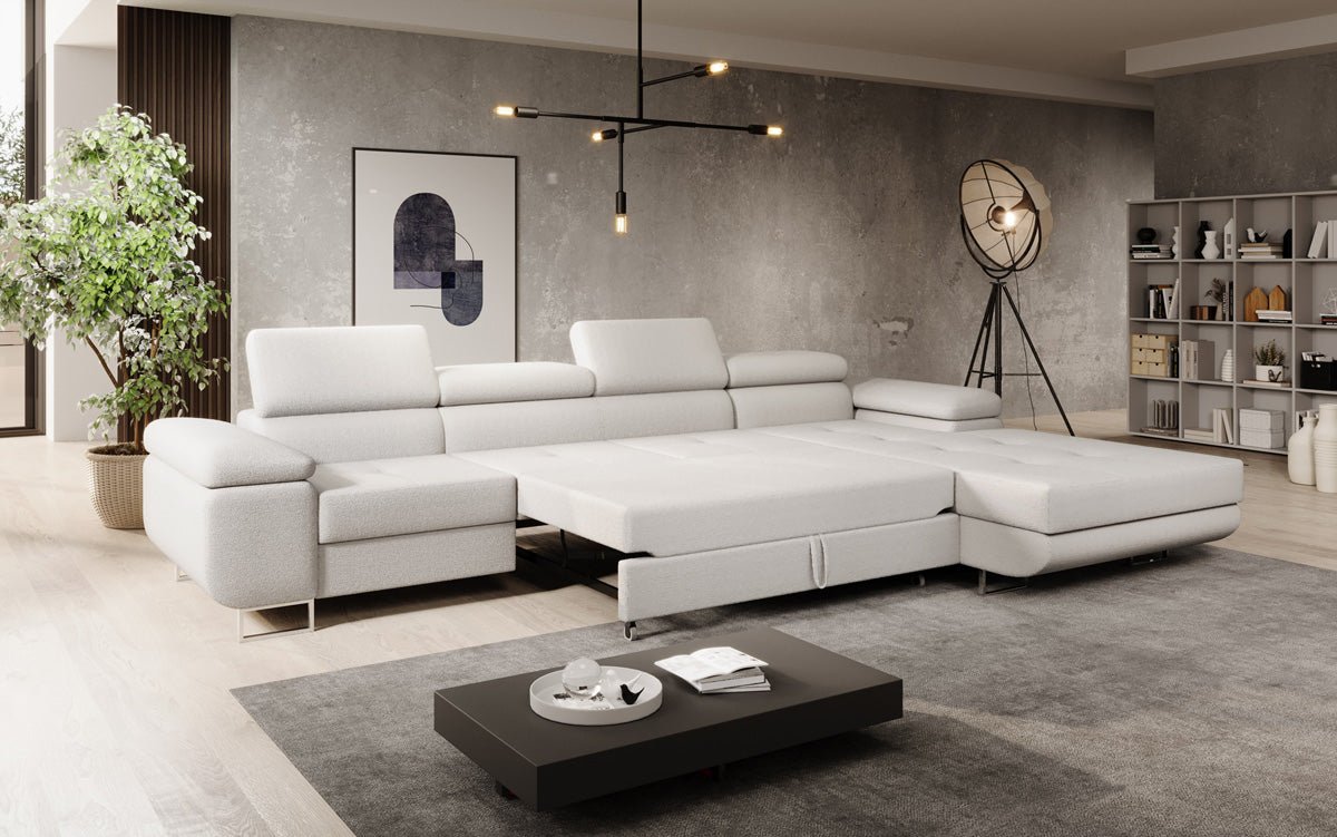 Elegantes Calvera Maxi Bouclé Ecksofa mit Schlaf- und Stauraumfunktion