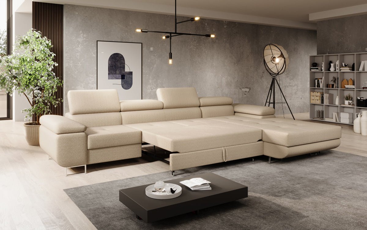Elegantes Calvera Maxi Bouclé Ecksofa mit Schlaf- und Stauraumfunktion