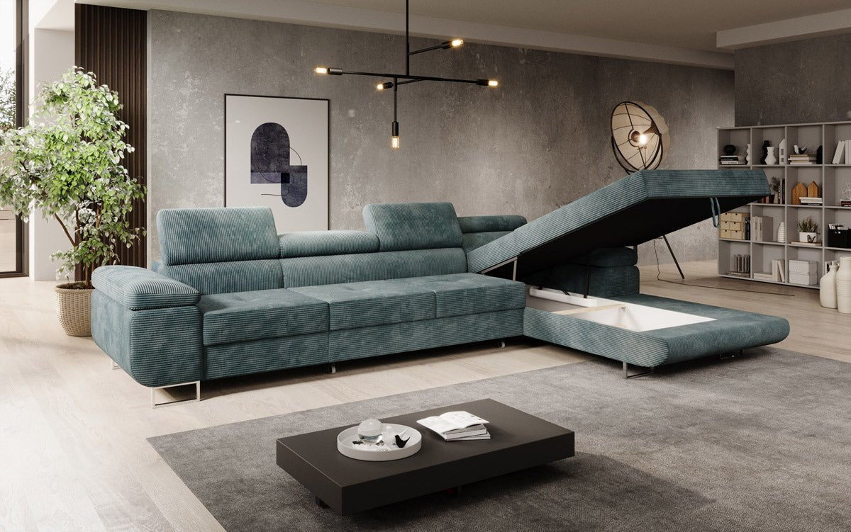 Luxuriöses Designer Sofa Calvera Maxi mit Schlaf- und Klappfunktion, Cord Bezug