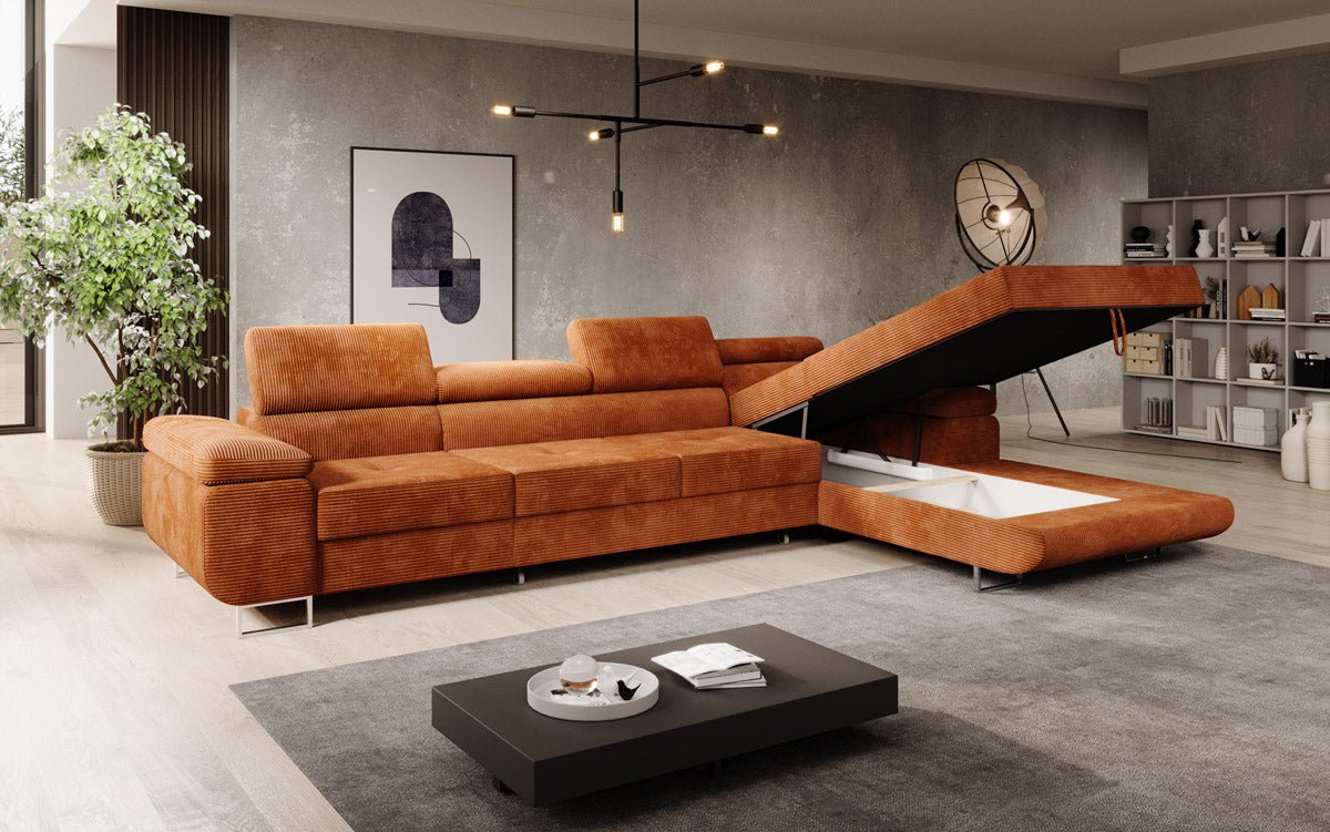 Luxuriöses Designer Sofa Calvera Maxi mit Schlaf- und Klappfunktion, Cord Bezug