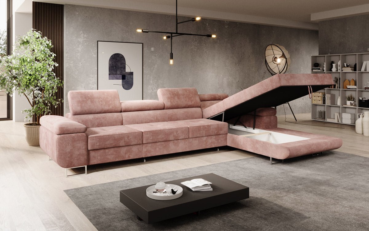 Luxuriöses Designer Sofa Calvera Maxi mit Schlaf- und Klappfunktion, Cord Bezug