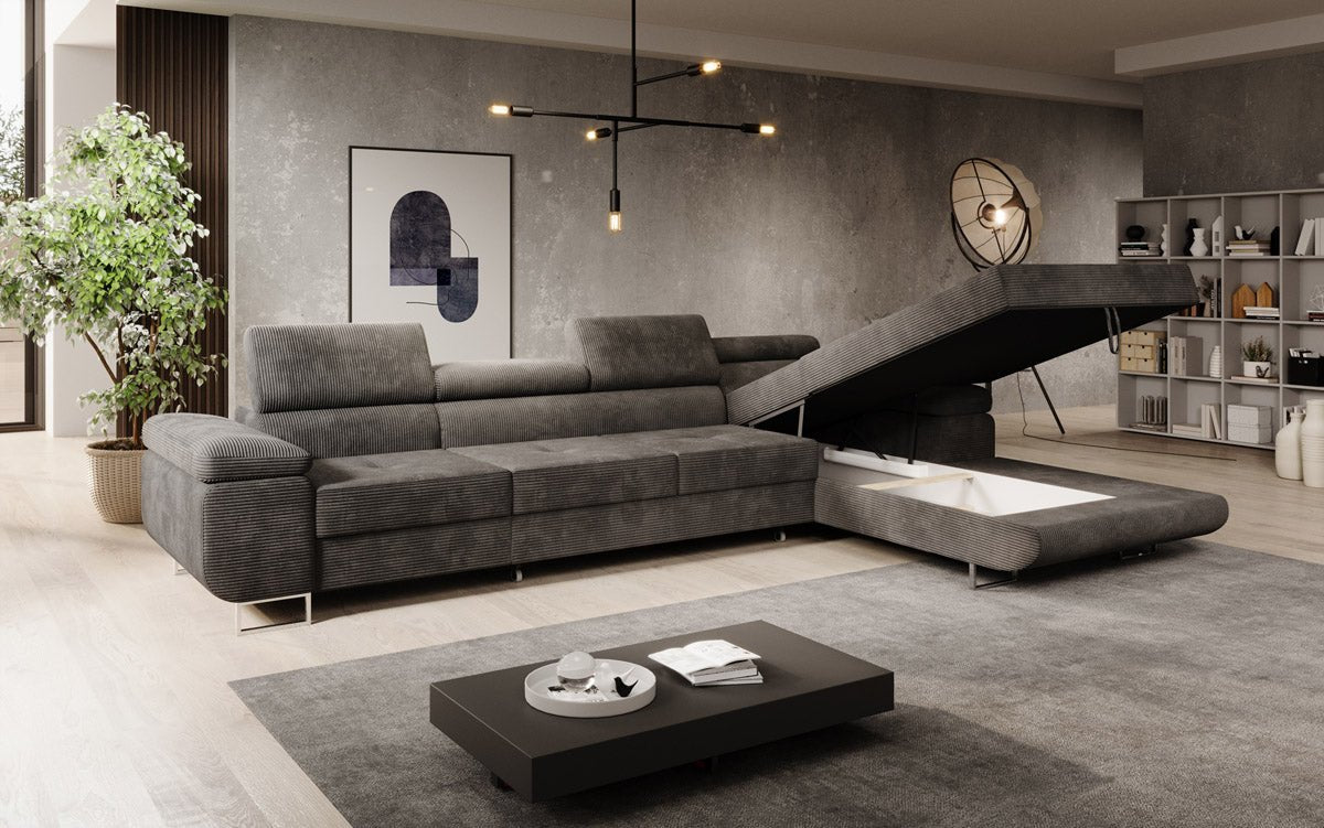 Luxuriöses Designer Sofa Calvera Maxi mit Schlaf- und Klappfunktion, Cord Bezug