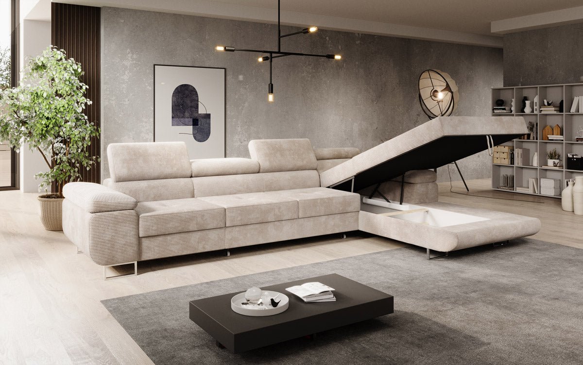 Luxuriöses Designer Sofa Calvera Maxi mit Schlaf- und Klappfunktion, Cord Bezug