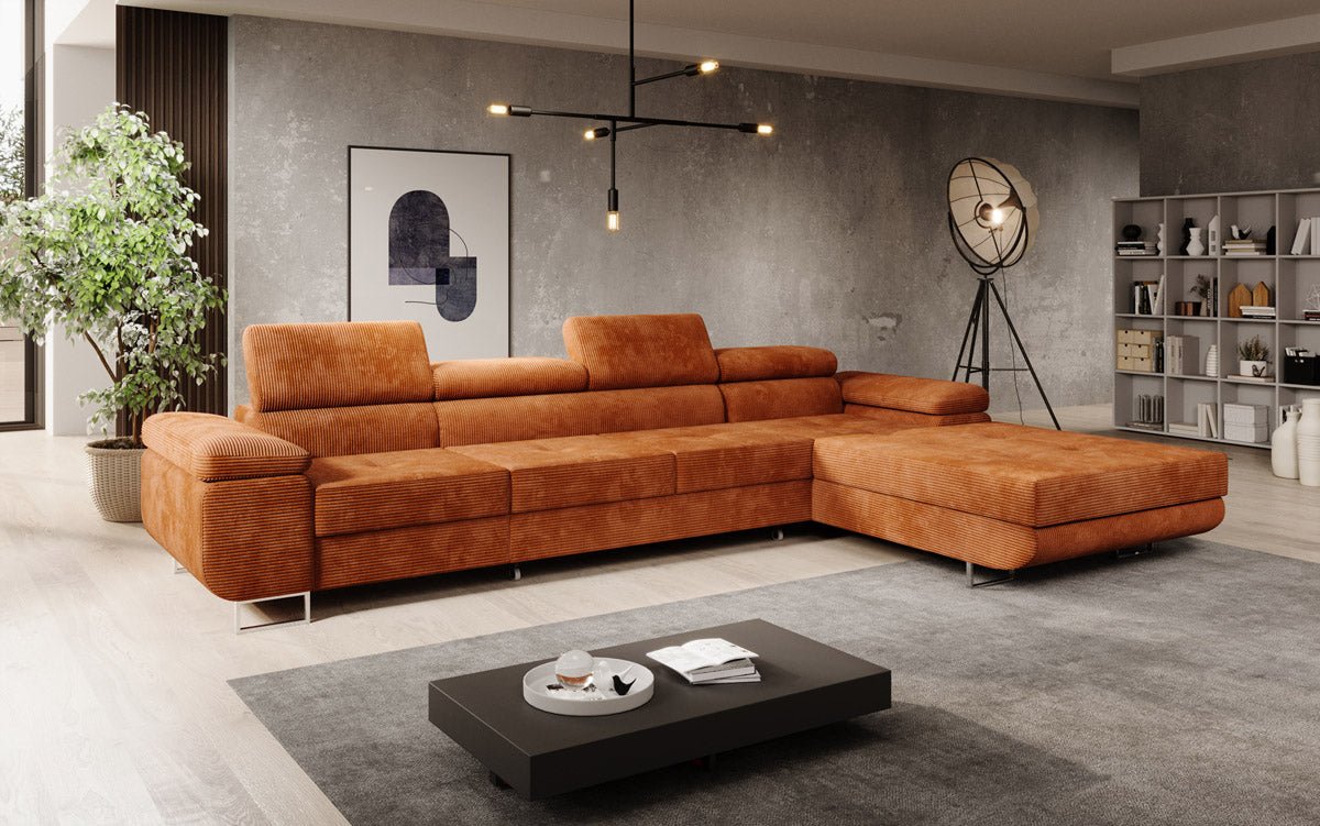 Luxuriöses Designer Sofa Calvera Maxi mit Schlaf- und Klappfunktion, Cord Bezug