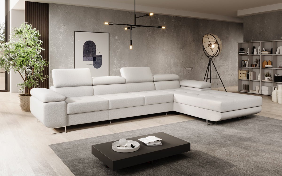 Elegantes Calvera Maxi Bouclé Ecksofa mit Schlaf- und Stauraumfunktion