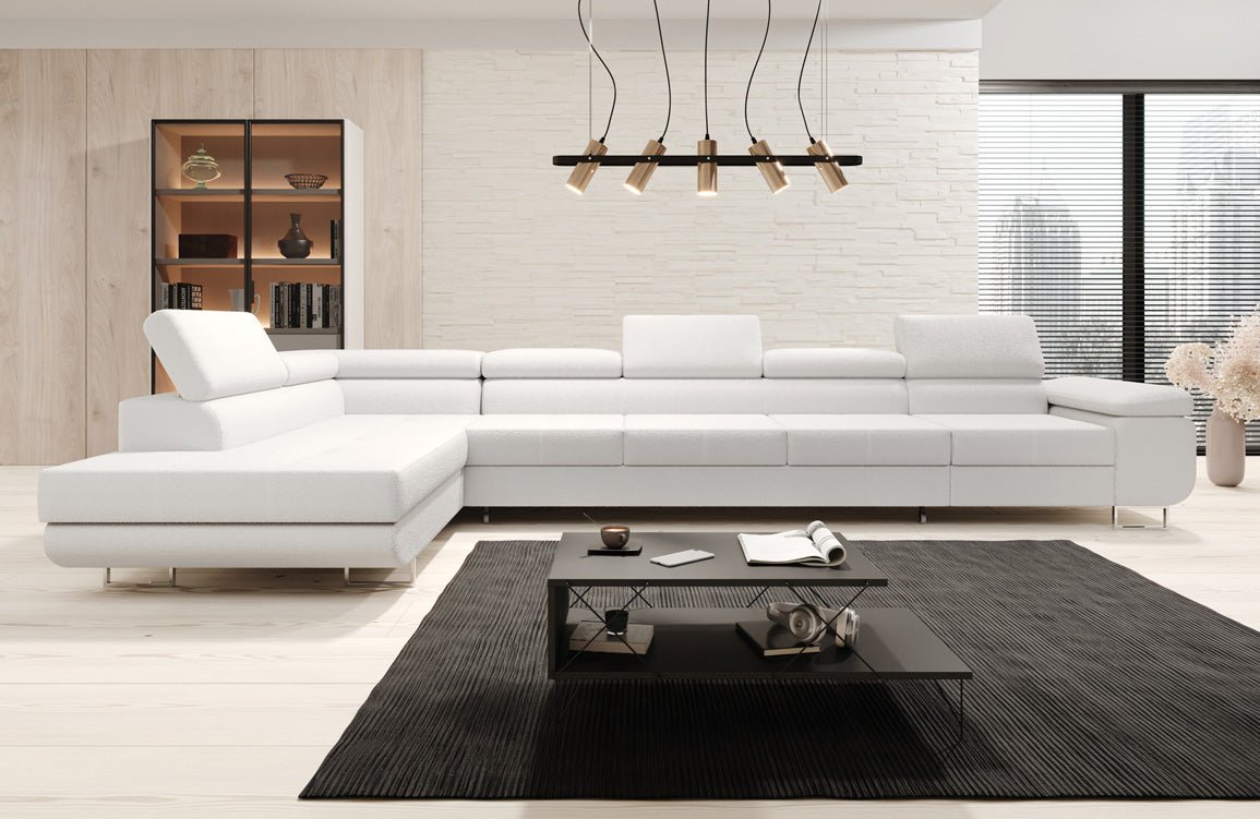 Designer Bouclé Schlafsofa: Großes Ecksofa mit Klappfunktion für Wohnzimmer