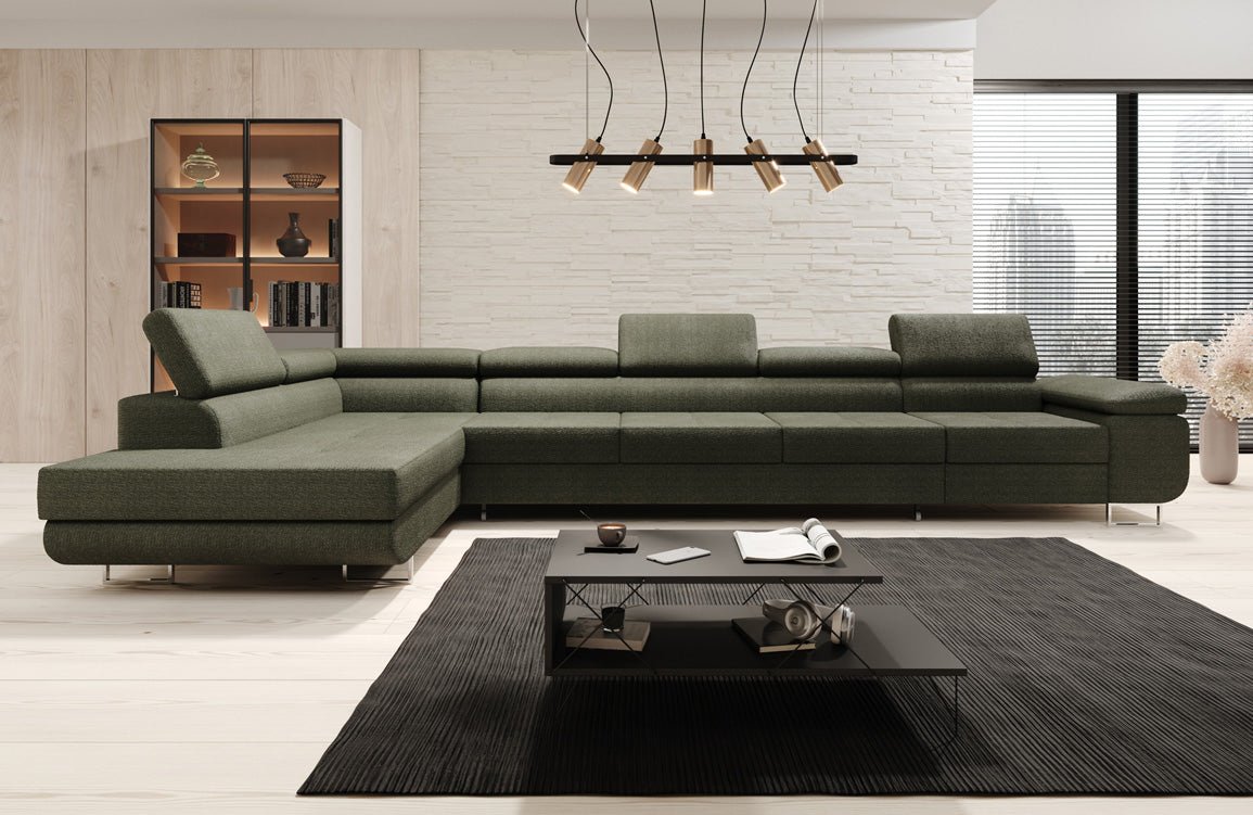 Designer Bouclé Schlafsofa: Großes Ecksofa mit Klappfunktion für Wohnzimmer