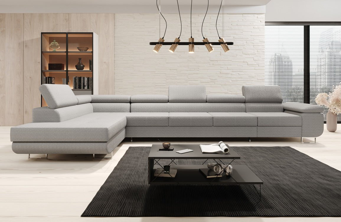 Designer Bouclé Schlafsofa: Großes Ecksofa mit Klappfunktion für Wohnzimmer