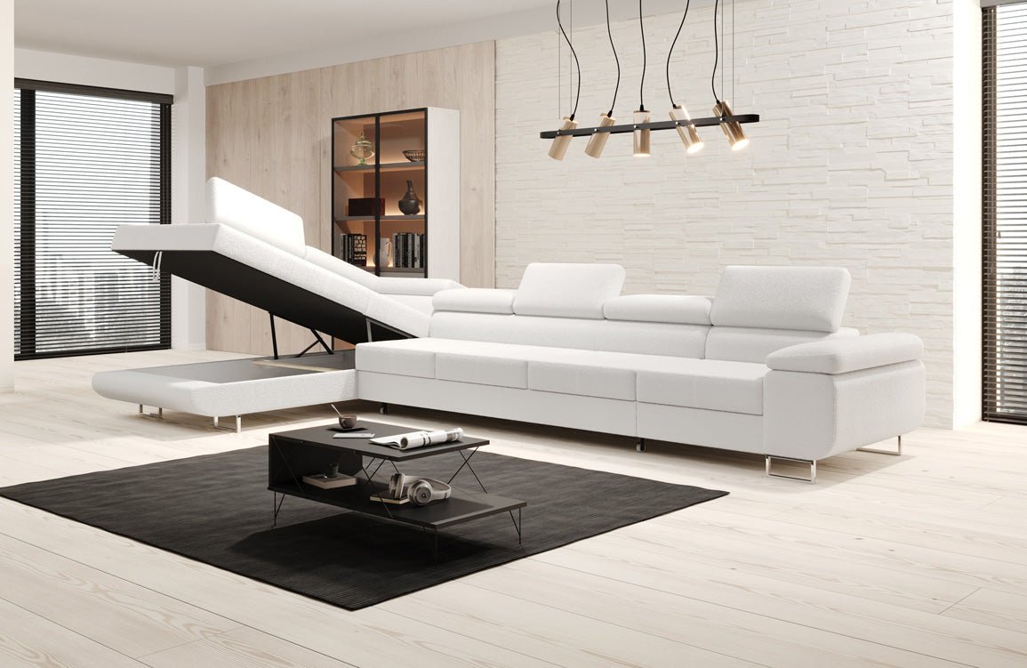 Designer Bouclé Schlafsofa: Großes Ecksofa mit Klappfunktion für Wohnzimmer