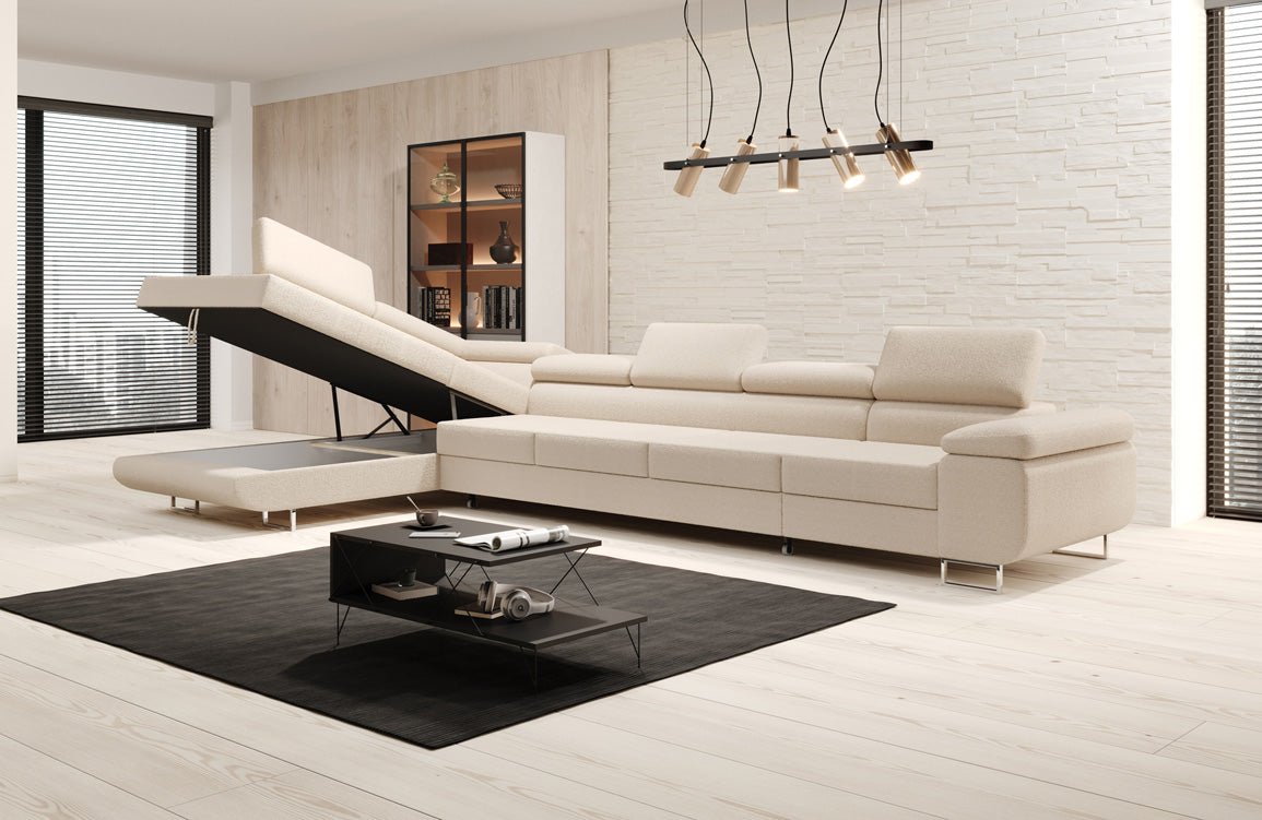 Designer Bouclé Schlafsofa: Großes Ecksofa mit Klappfunktion für Wohnzimmer