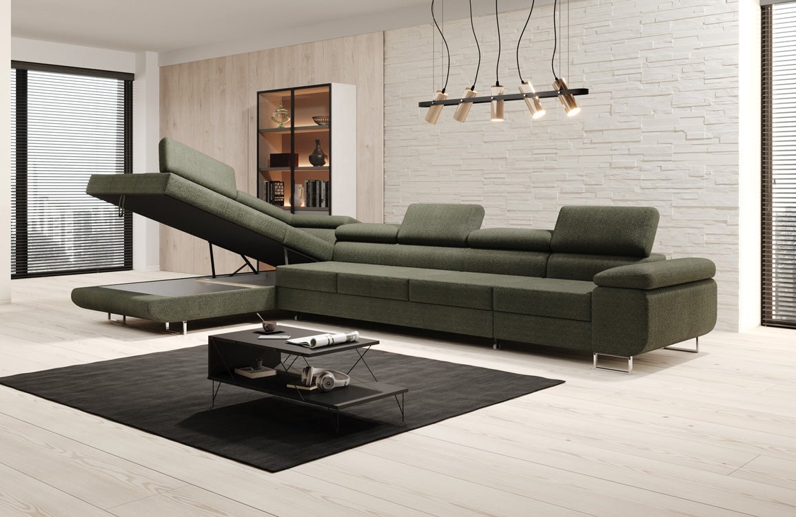 Designer Bouclé Schlafsofa: Großes Ecksofa mit Klappfunktion für Wohnzimmer