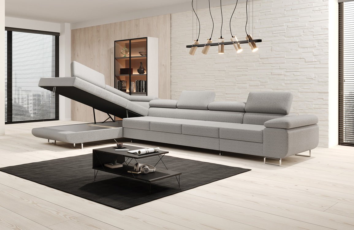 Designer Bouclé Schlafsofa: Großes Ecksofa mit Klappfunktion für Wohnzimmer