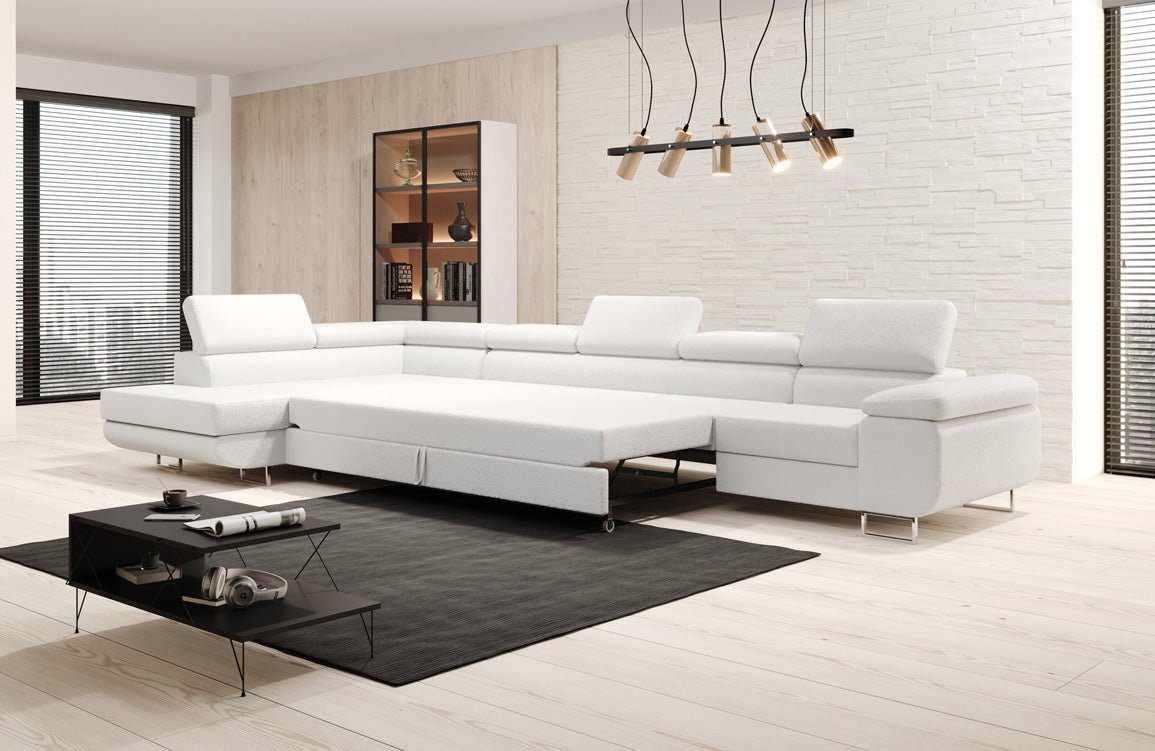 Designer Bouclé Schlafsofa: Großes Ecksofa mit Klappfunktion für Wohnzimmer