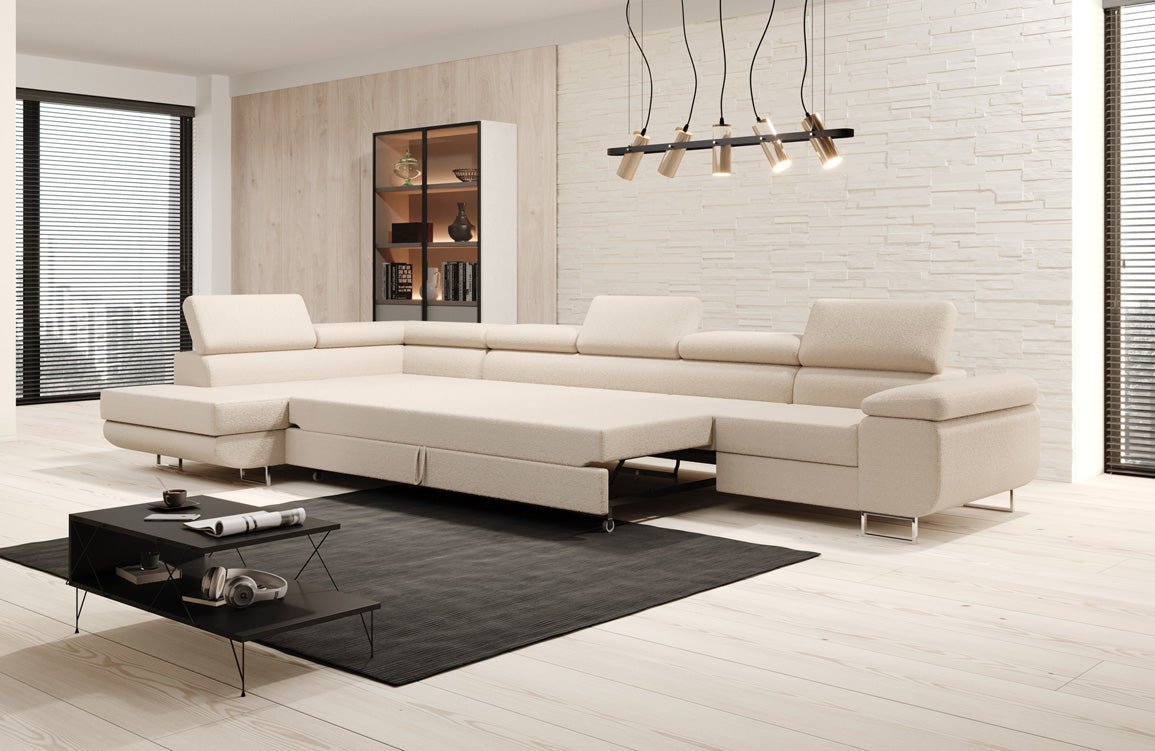 Designer Bouclé Schlafsofa: Großes Ecksofa mit Klappfunktion für Wohnzimmer