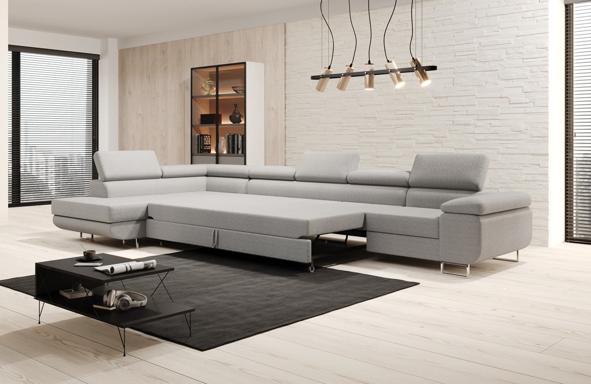 Designer Bouclé Schlafsofa: Großes Ecksofa mit Klappfunktion für Wohnzimmer