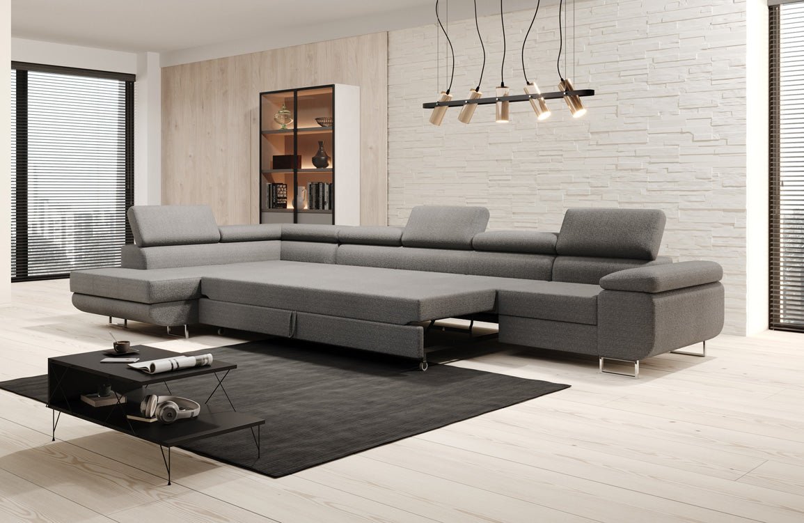 Designer Bouclé Schlafsofa: Großes Ecksofa mit Klappfunktion für Wohnzimmer