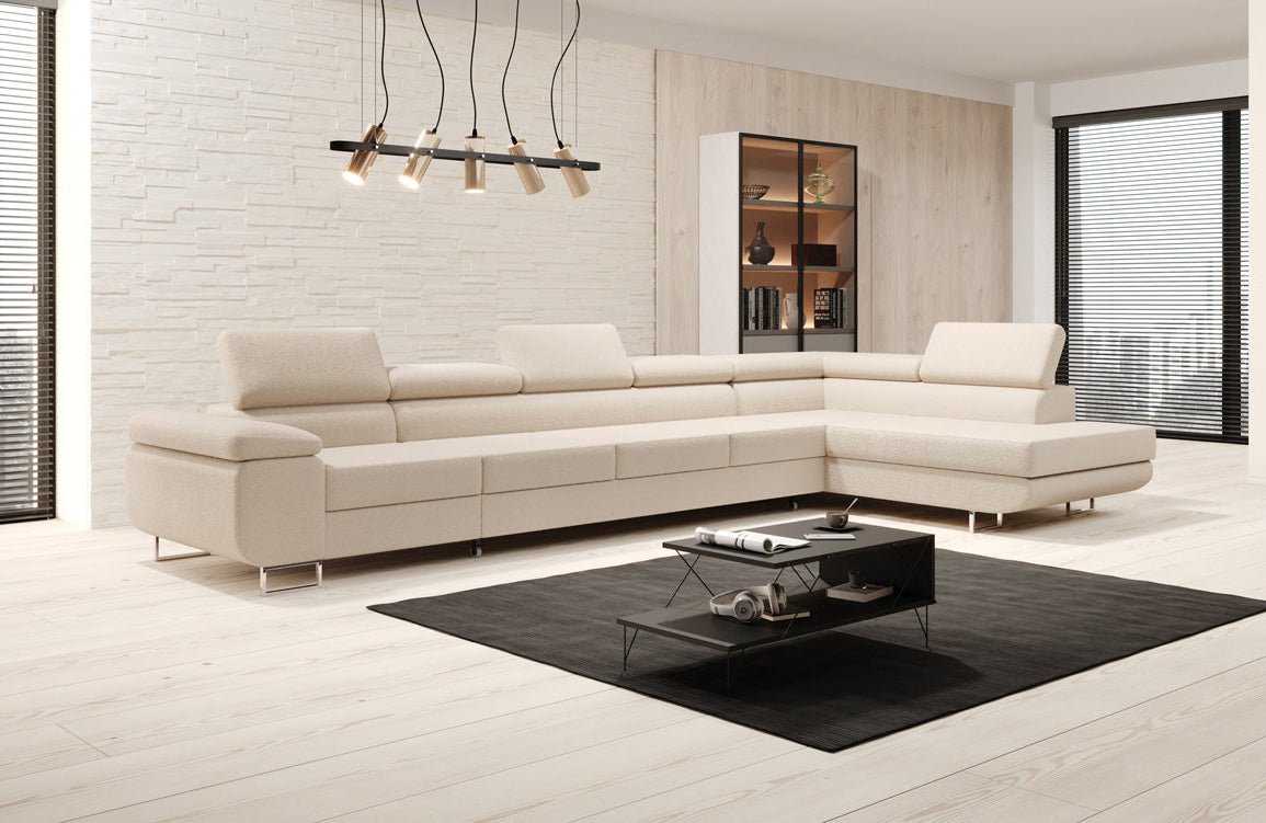 Designer Bouclé Schlafsofa: Großes Ecksofa mit Klappfunktion für Wohnzimmer