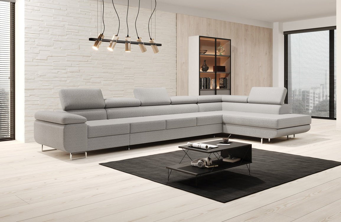 Designer Bouclé Schlafsofa: Großes Ecksofa mit Klappfunktion für Wohnzimmer