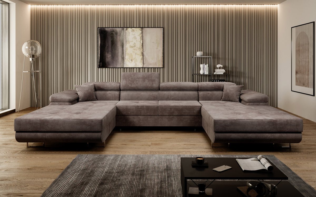Luxuriöses Designer U-Sofa Calvera mit Schlaffunktion und Stauraum in Cordstoff