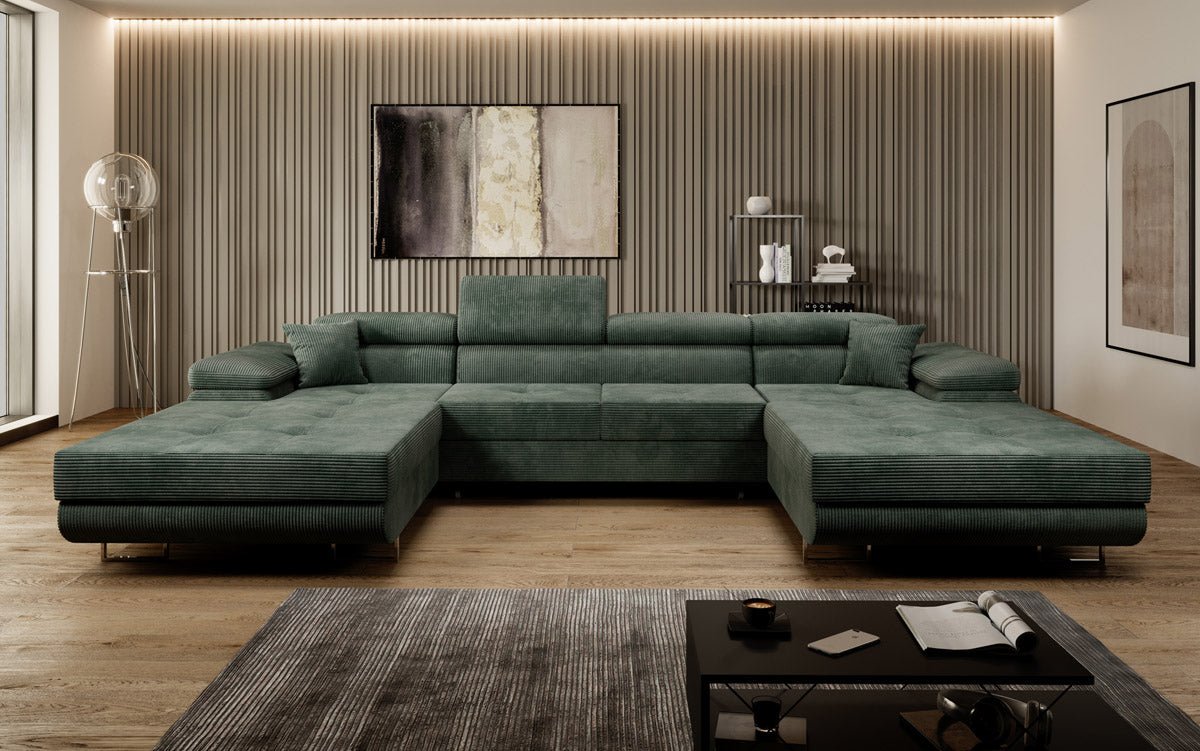 Luxuriöses Designer U-Sofa Calvera mit Schlaffunktion und Stauraum in Cordstoff