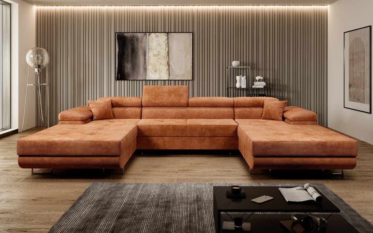 Luxuriöses Designer U-Sofa Calvera mit Schlaffunktion und Stauraum in Cordstoff