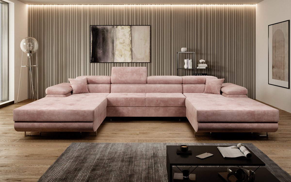 Luxuriöses Designer U-Sofa Calvera mit Schlaffunktion und Stauraum in Cordstoff