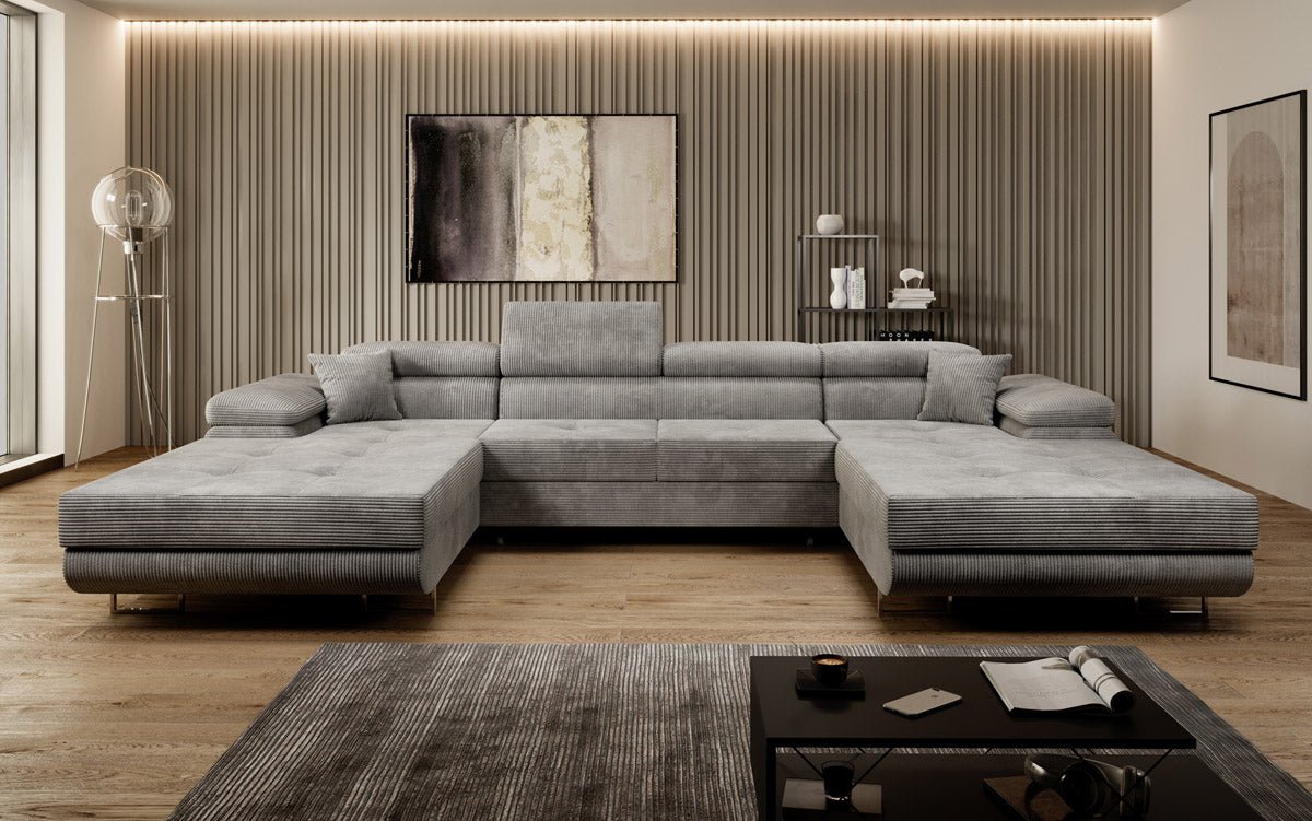 Luxuriöses Designer U-Sofa Calvera mit Schlaffunktion und Stauraum in Cordstoff