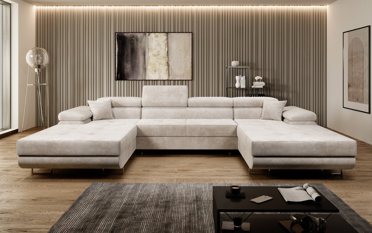 Luxuriöses Designer U-Sofa Calvera mit Schlaffunktion und Stauraum in Cordstoff