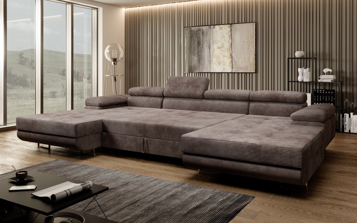 Luxuriöses Designer U-Sofa Calvera mit Schlaffunktion und Stauraum in Cordstoff