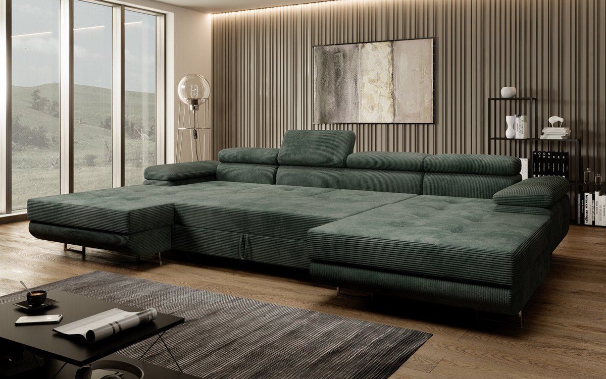 Luxuriöses Designer U-Sofa Calvera mit Schlaffunktion und Stauraum in Cordstoff