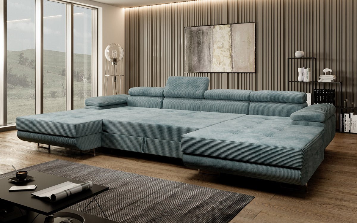 Luxuriöses Designer U-Sofa Calvera mit Schlaffunktion und Stauraum in Cordstoff