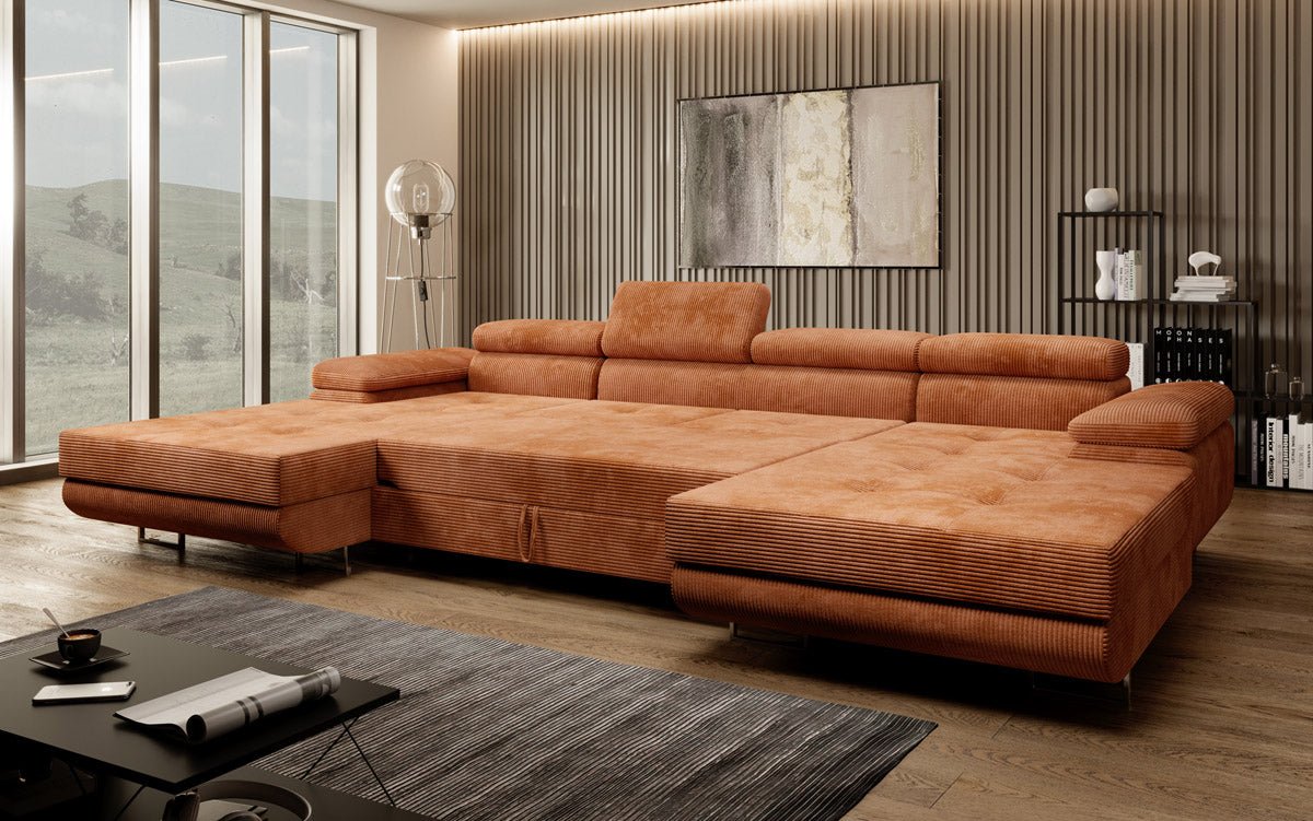Luxuriöses Designer U-Sofa Calvera mit Schlaffunktion und Stauraum in Cordstoff