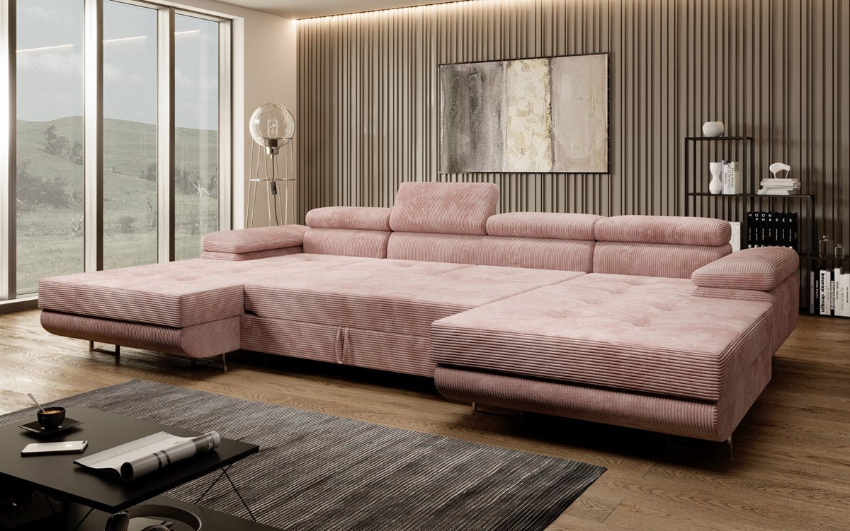 Luxuriöses Designer U-Sofa Calvera mit Schlaffunktion und Stauraum in Cordstoff