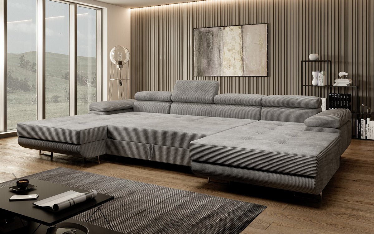 Luxuriöses Designer U-Sofa Calvera mit Schlaffunktion und Stauraum in Cordstoff