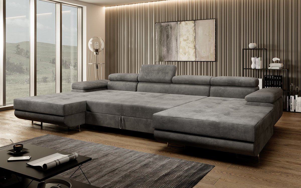 Luxuriöses Designer U-Sofa Calvera mit Schlaffunktion und Stauraum in Cordstoff