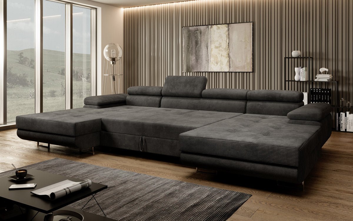 Luxuriöses Designer U-Sofa Calvera mit Schlaffunktion und Stauraum in Cordstoff