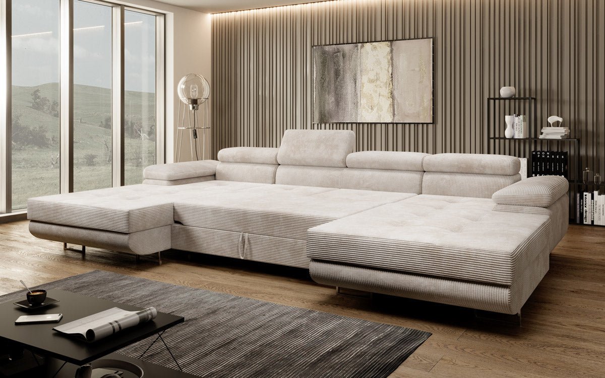 Luxuriöses Designer U-Sofa Calvera mit Schlaffunktion und Stauraum in Cordstoff