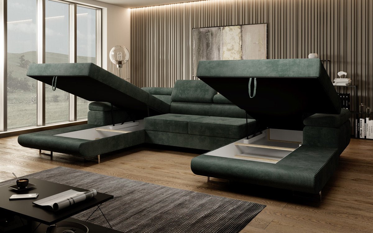 Luxuriöses Designer U-Sofa Calvera mit Schlaffunktion und Stauraum in Cordstoff