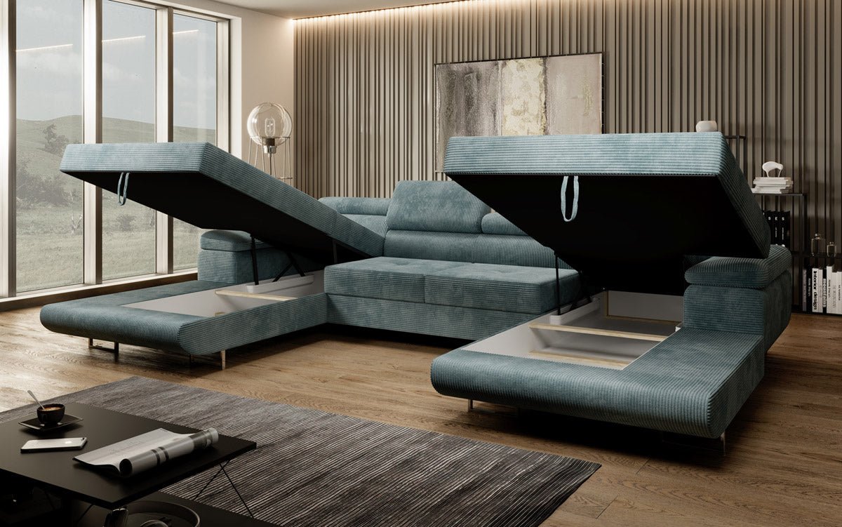 Luxuriöses Designer U-Sofa Calvera mit Schlaffunktion und Stauraum in Cordstoff