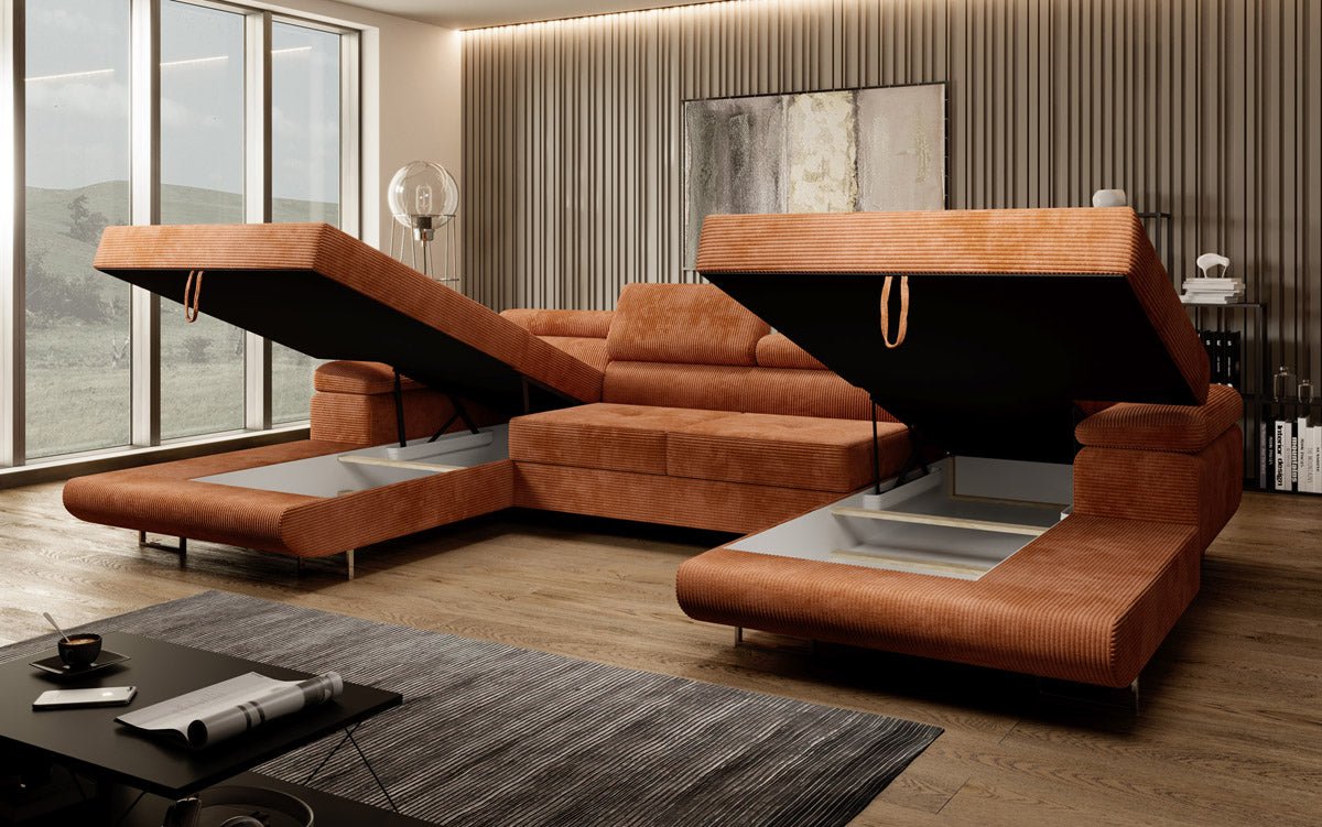 Luxuriöses Designer U-Sofa Calvera mit Schlaffunktion und Stauraum in Cordstoff