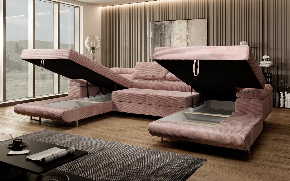 Luxuriöses Designer U-Sofa Calvera mit Schlaffunktion und Stauraum in Cordstoff