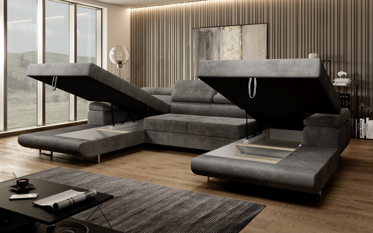 Luxuriöses Designer U-Sofa Calvera mit Schlaffunktion und Stauraum in Cordstoff