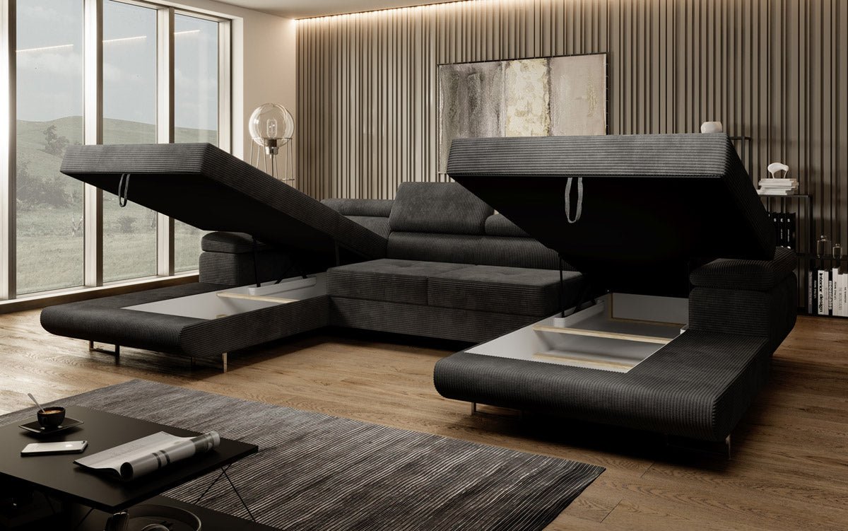 Luxuriöses Designer U-Sofa Calvera mit Schlaffunktion und Stauraum in Cordstoff