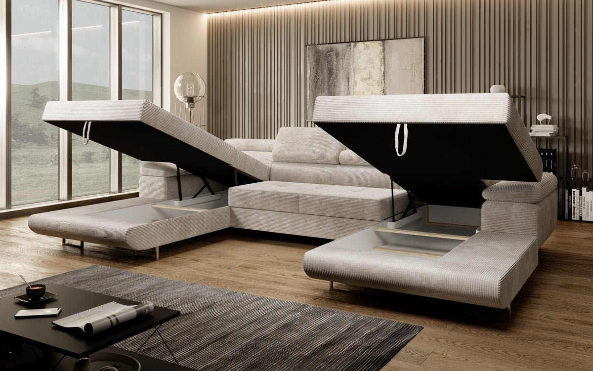 Luxuriöses Designer U-Sofa Calvera mit Schlaffunktion und Stauraum in Cordstoff