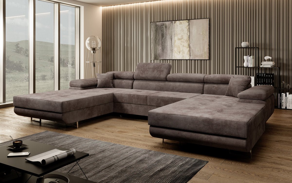 Luxuriöses Designer U-Sofa Calvera mit Schlaffunktion und Stauraum in Cordstoff